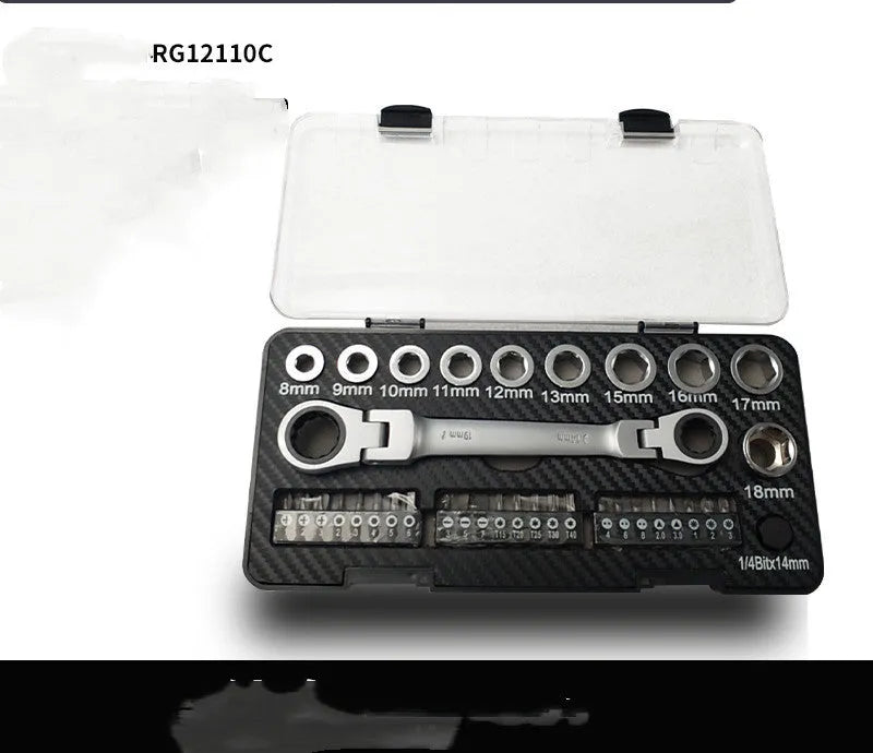 Ratchet wrench set with multiple sockets and bit heads arranged on a workbench