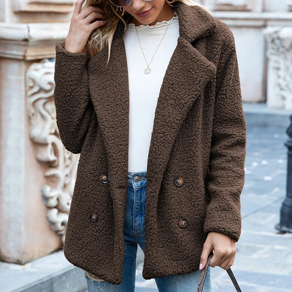 Women's loose lapel fluffy winter coat in camel colour with button front