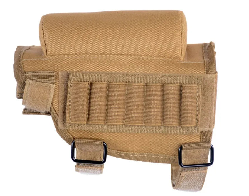 Tactical buttstock cheek rest ammo carrier with non-slip pad holding 7 rounds on a black rifle stock