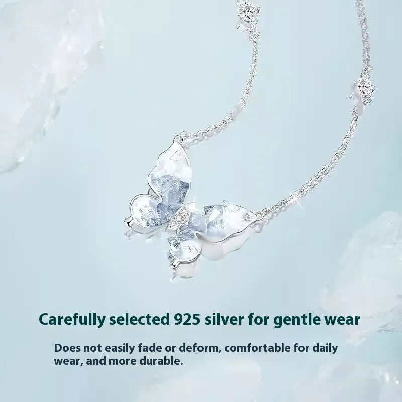 S925 sterling silver butterfly necklace with adjustable 41-50cm chain and ice rain pendant