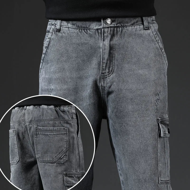 Japanese style workwear multi-pocket jeans in blue for men, mid-waist cotton trousers