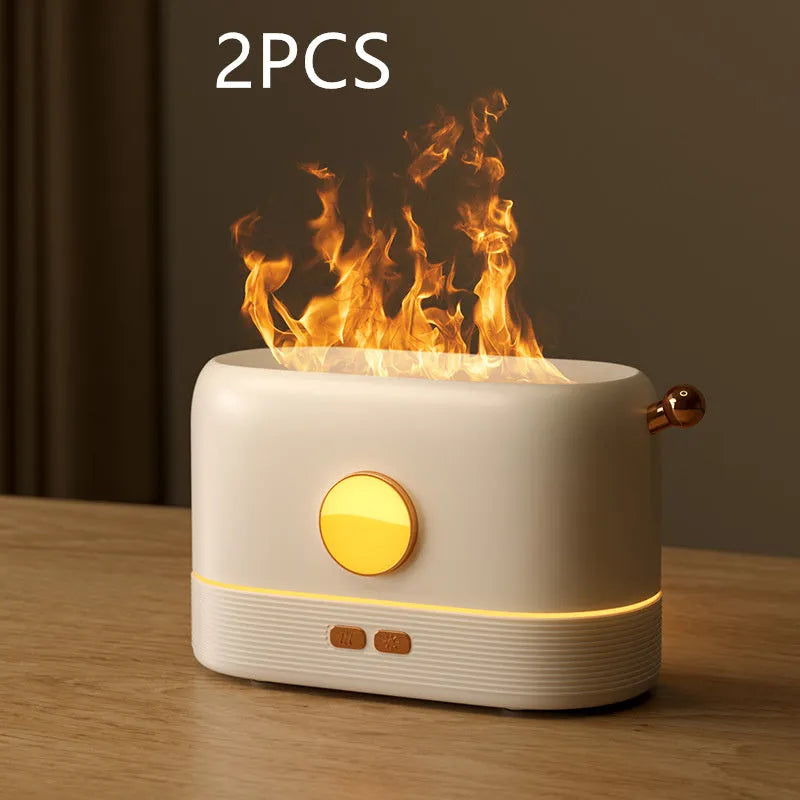 Black USB flame humidifier with 200ml water tank on wooden desktop with mist and simulated flame effect