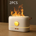 Black USB flame humidifier with 200ml water tank on wooden desktop with mist and simulated flame effect