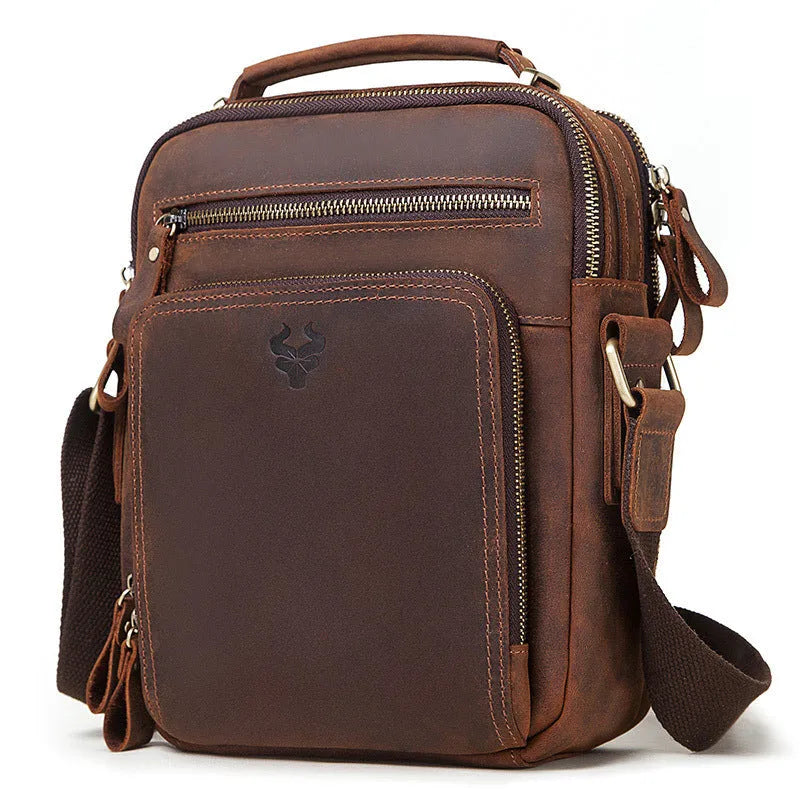 Men's brown Crazy Horse leather retro style crossbody bag with sewing line details.