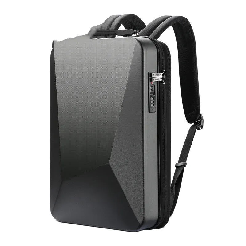 Black hard shell PC gaming backpack with lock opening and double shoulder straps