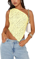 Women's sleeveless lace backless top with asymmetrical neckline in a solid colour.