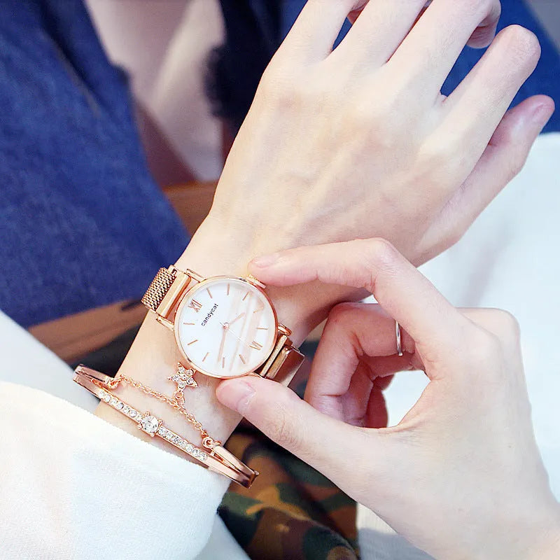 Women's retro marble watch with 32mm round dial, alloy strap, and titanium case back on white background