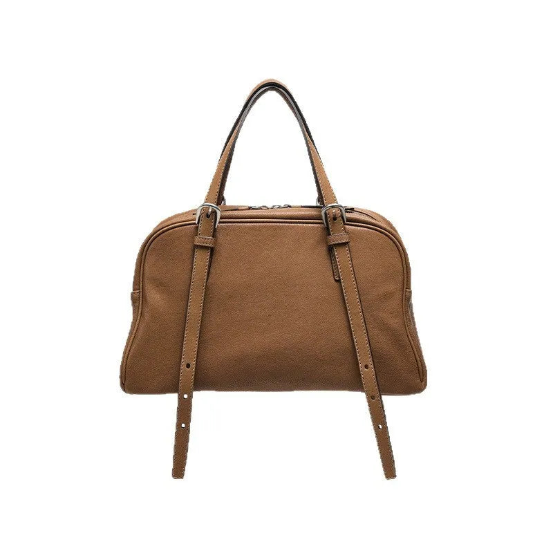 Women's retro genuine leather shoulder bag in horizontal square design with double joint straps