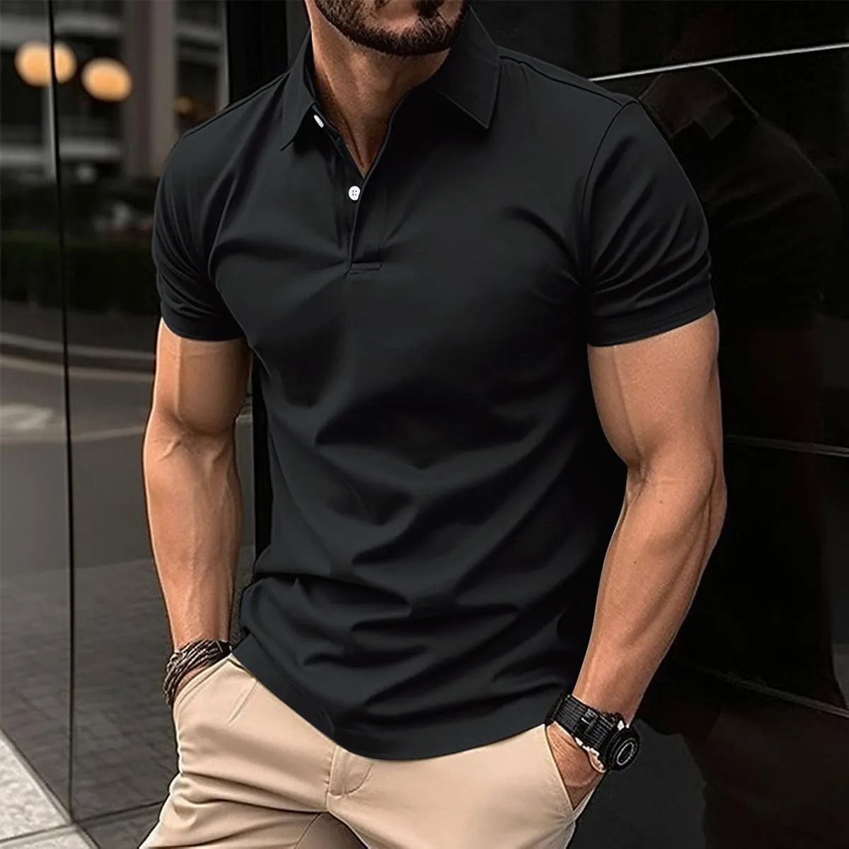 Men's solid colour short sleeve polo shirt with buttoned lapel collar on a hanger.