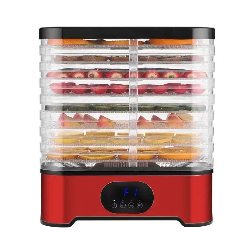 Silver household food dehydrator with 8 stacking trays, shown at full 36.5cm height.