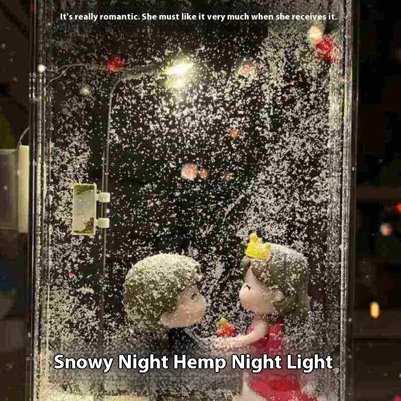 DIY kit components for building a snowy landscape night light with small houses and LED street lights.