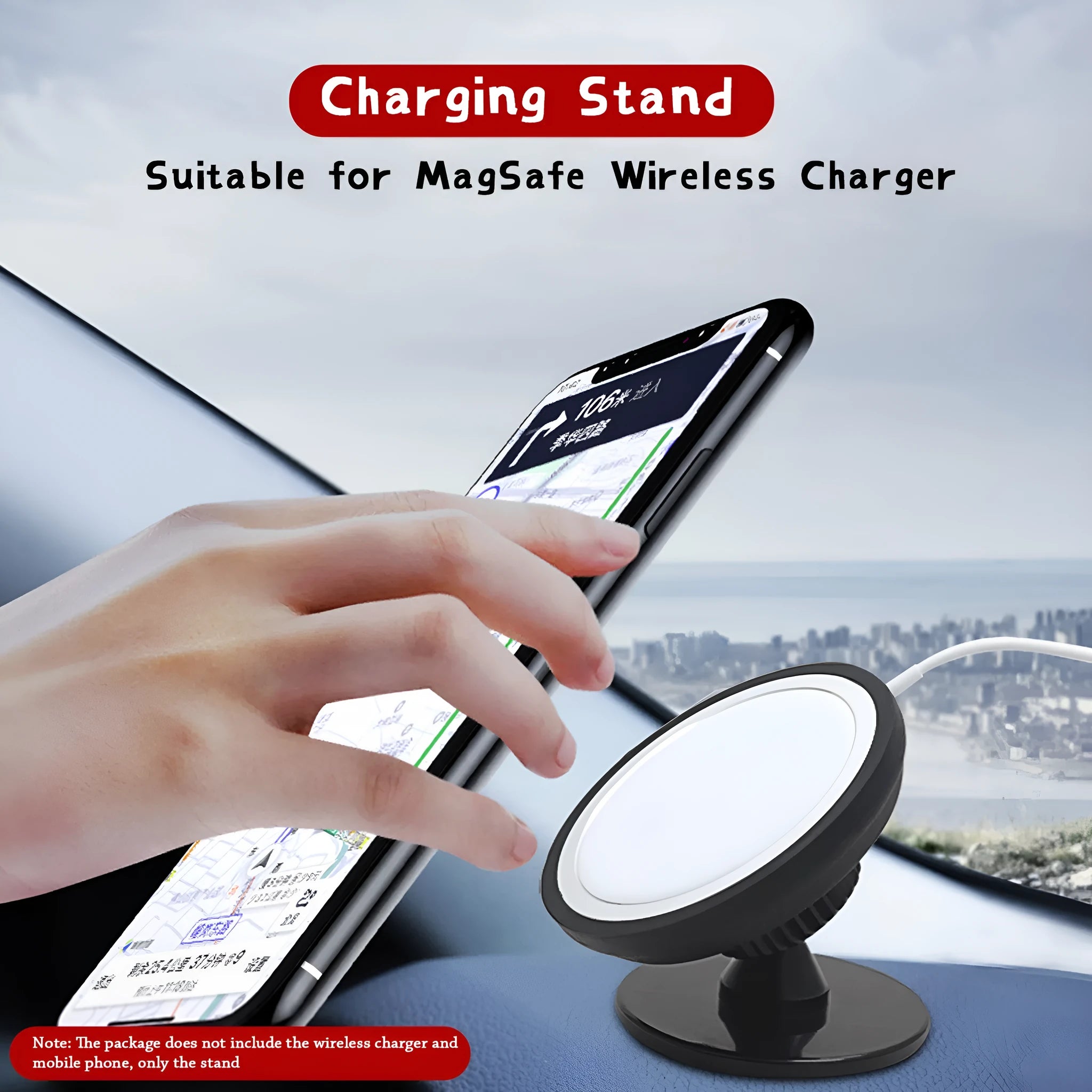 Black magnetic mobile phone car holder with snap-in design showing dual mounting options