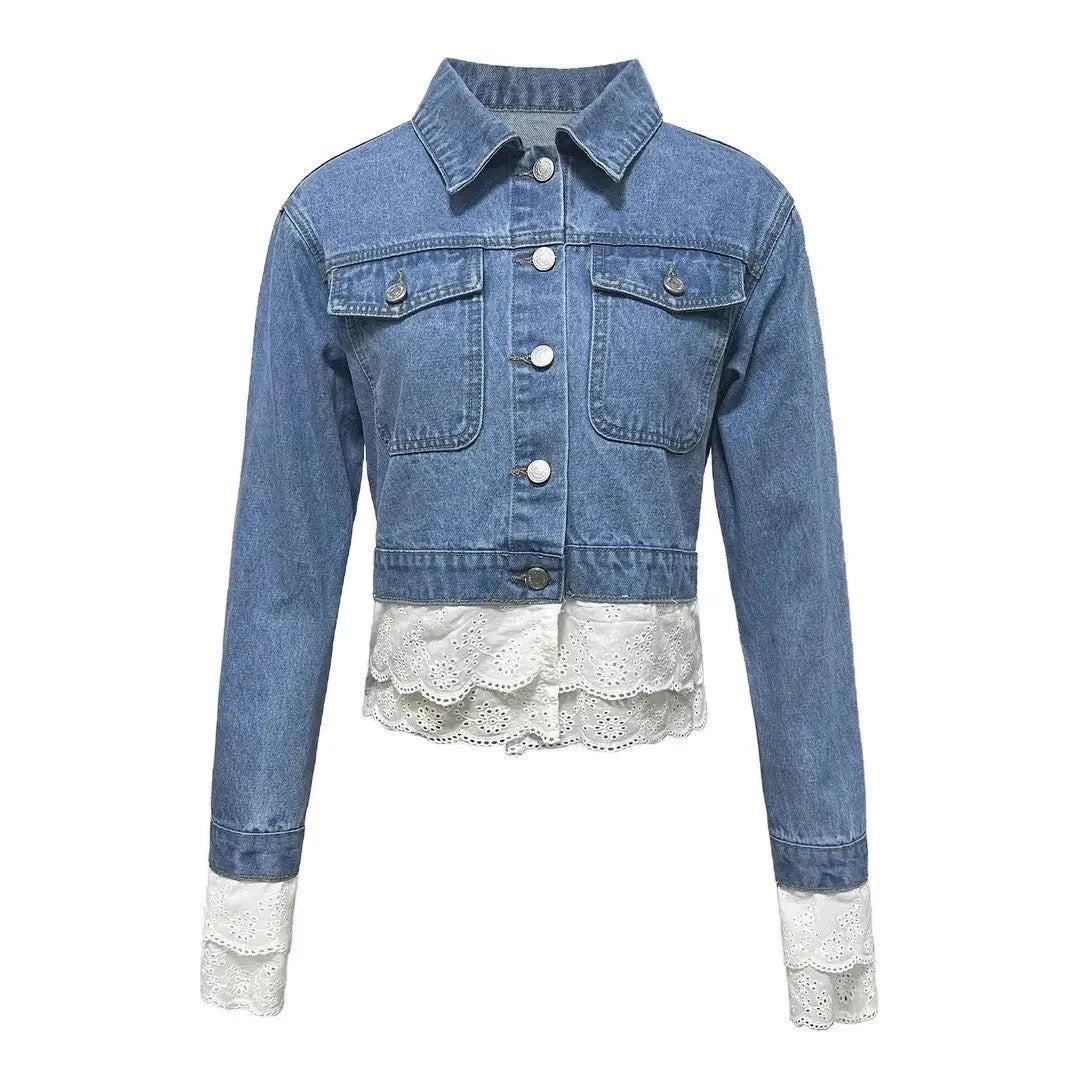Blue lace stitching denim jacket for women with long sleeves and cotton composition