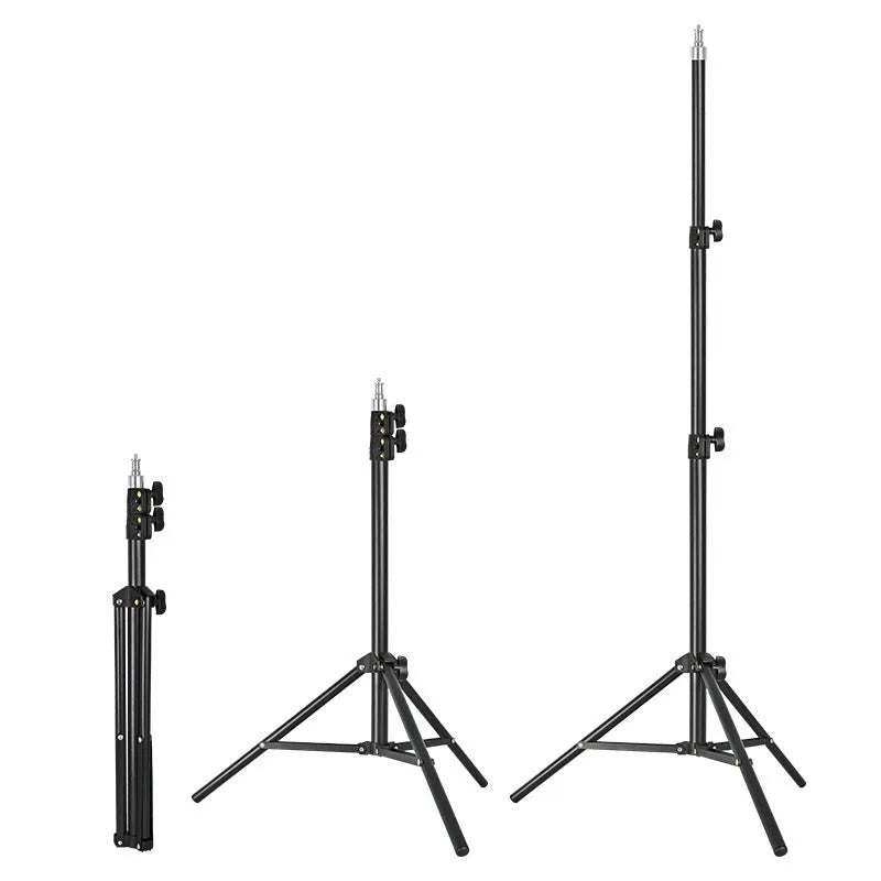 A tall, frosted-finish photography light stand with thickened carbon steel legs extended to its full height.