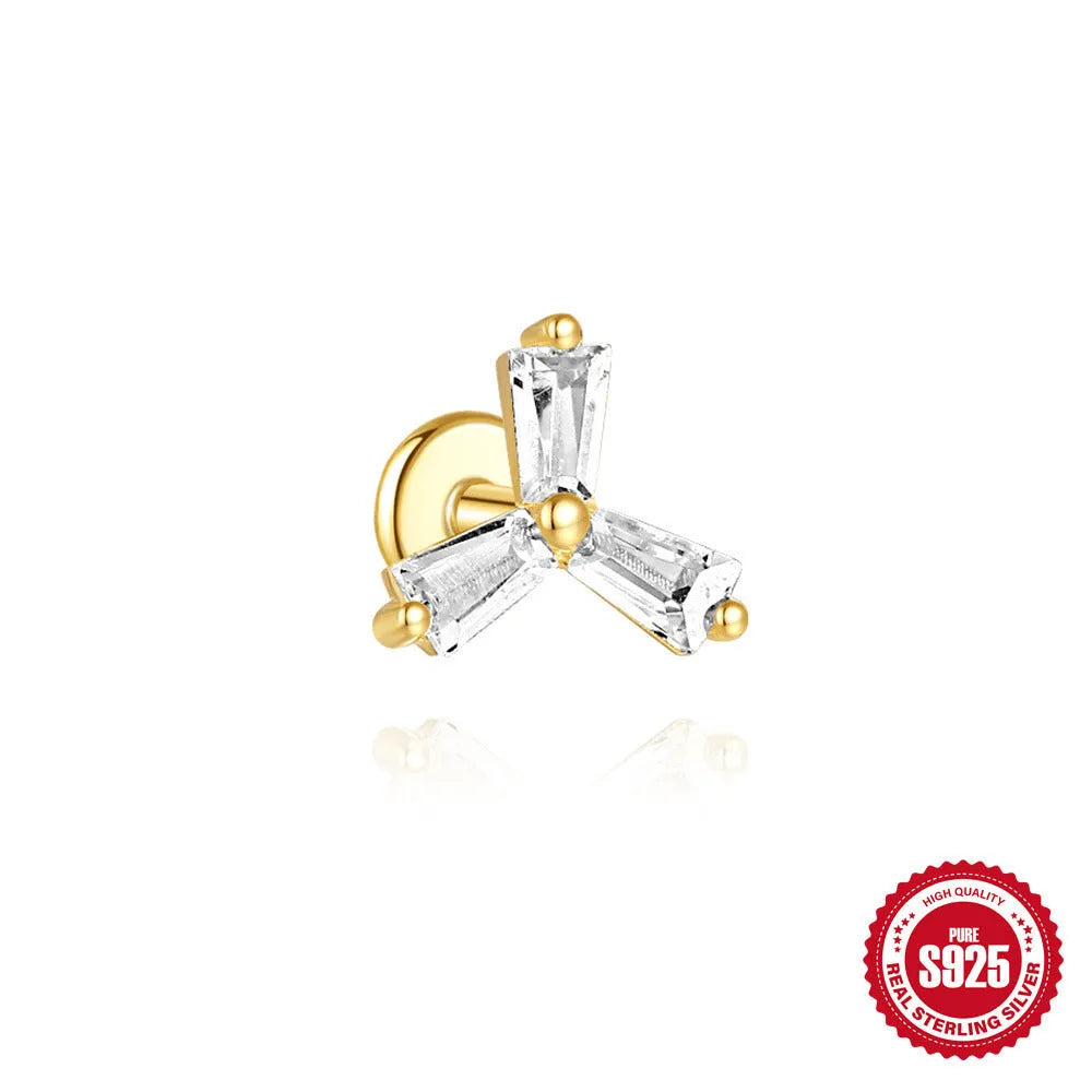 S925 sterling silver stud earrings with zircon stones and chain design for double piercing in golden colour