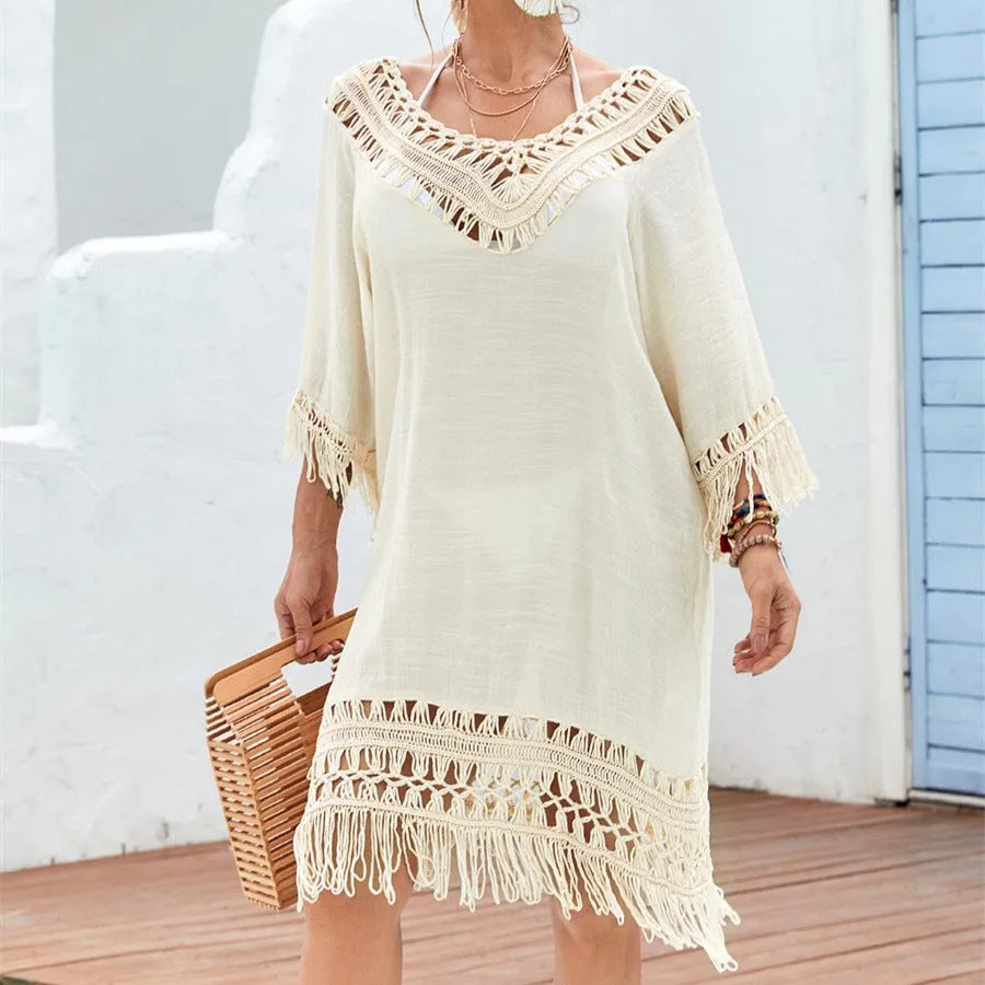 Women's apricot crocheted knitted patchwork beach dress with half sleeves and mid-length skirt in free size