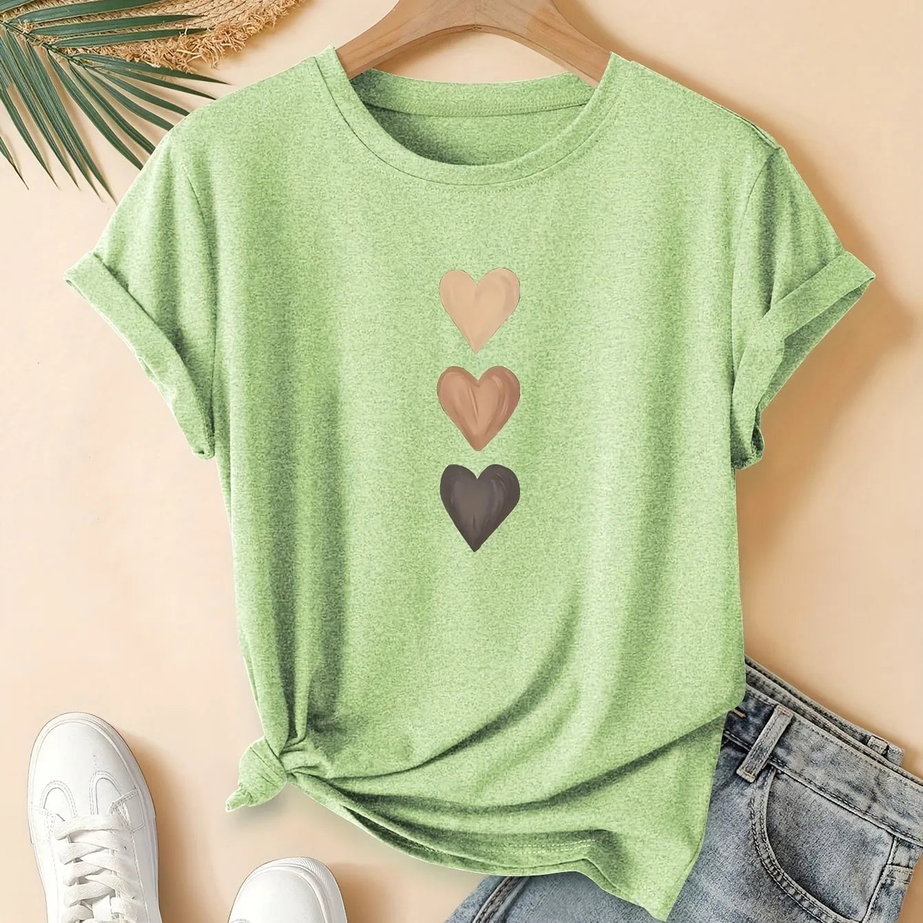 Women's three-heart printed pure cotton short sleeve T-shirt in art retro Chinese style