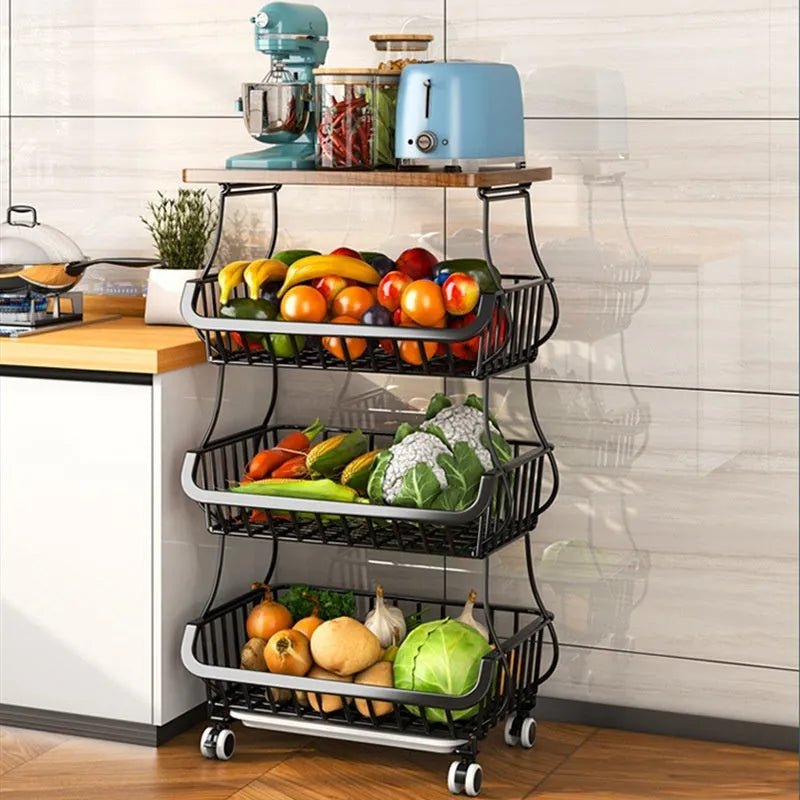 Black six-layer floor-standing kitchen storage trolley with carbon steel construction
