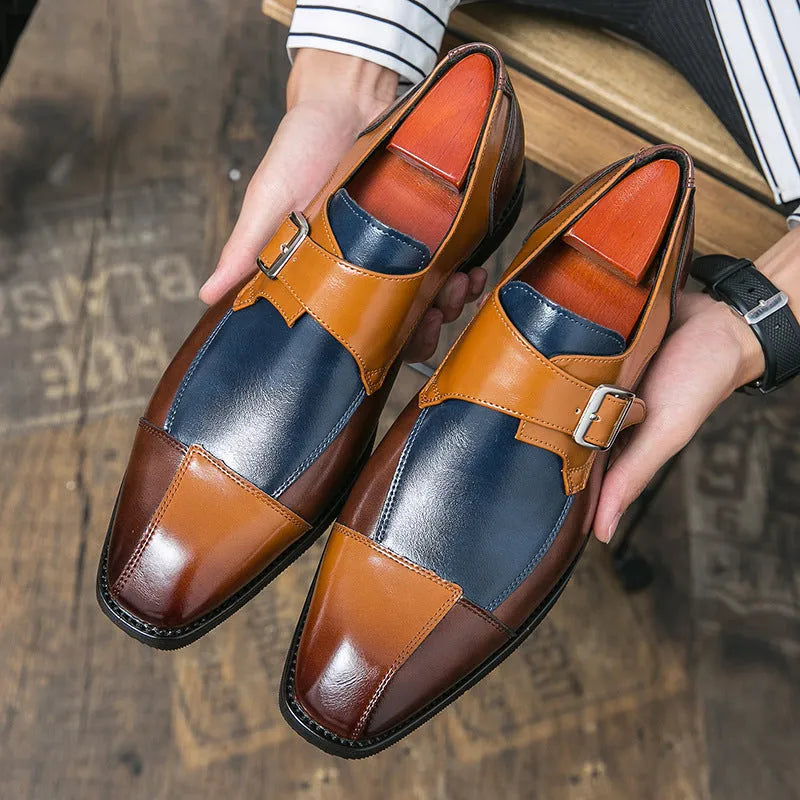 Men's British style leather shoes with retro buckle in brown blue and black colours