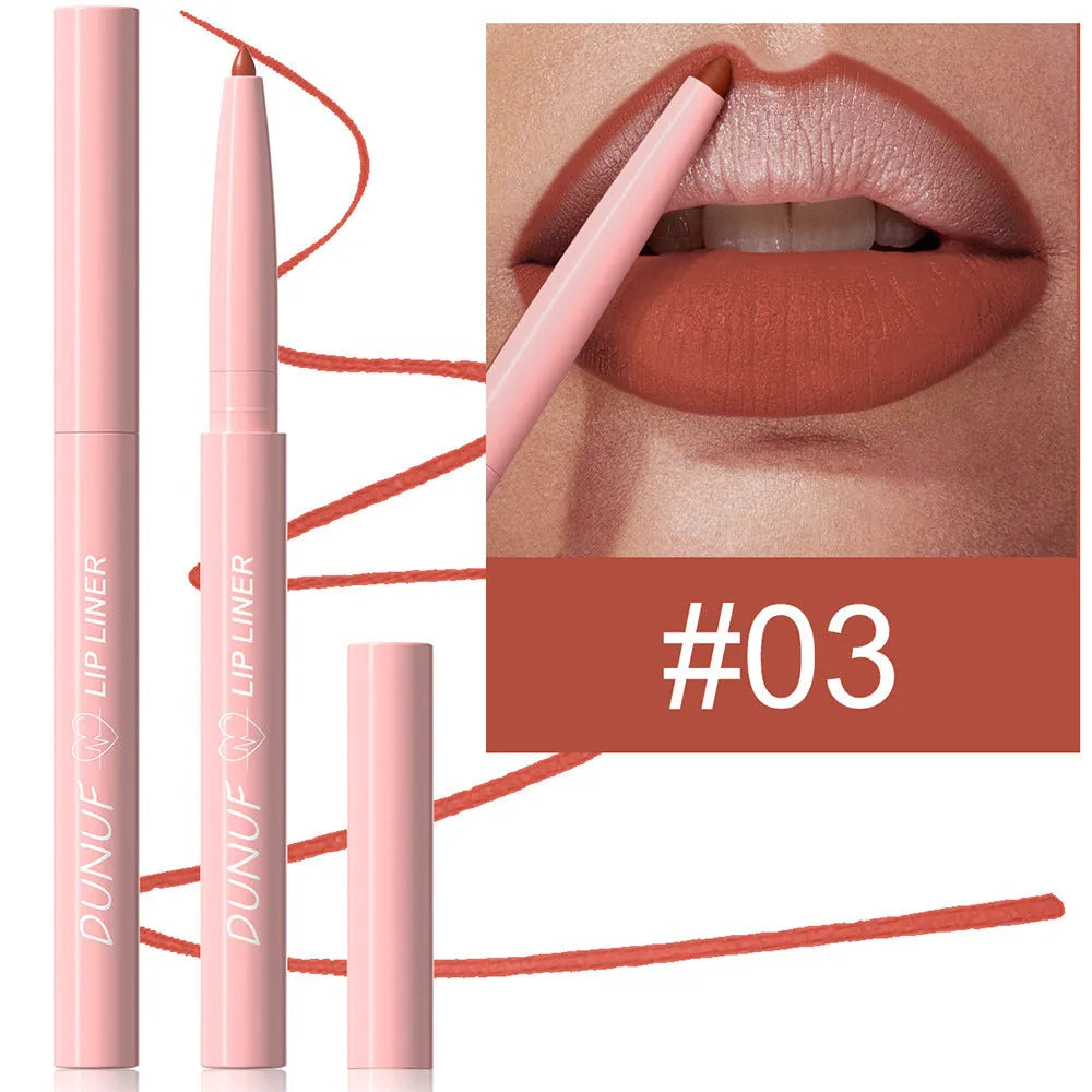 Velvet matte lip liner pencil in a choice of 12 colours for easy application.