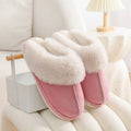 Women's plush winter slippers with round toe, flat heel, and PVC anti-slip sole
