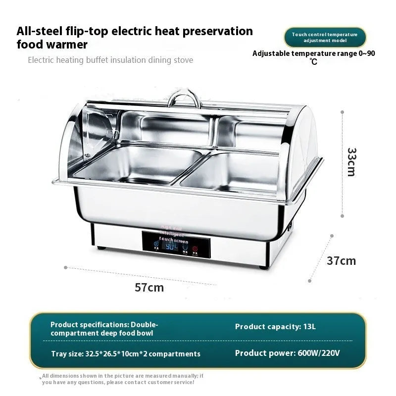 Stainless steel electric buffet stove with transparent flip lid and LCD temperature control screen.
