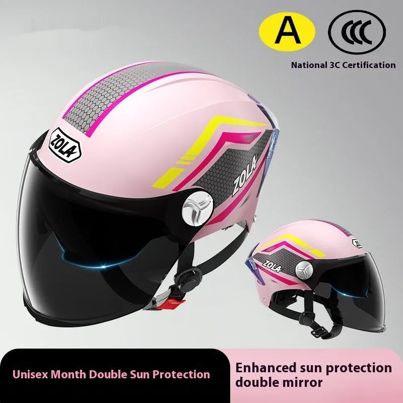 Motorcycle half helmet with double mirror visor in ABS construction, showing universal fit design