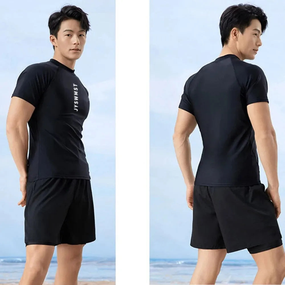 Men's plus size swimming trunks and top set in polyester fabric