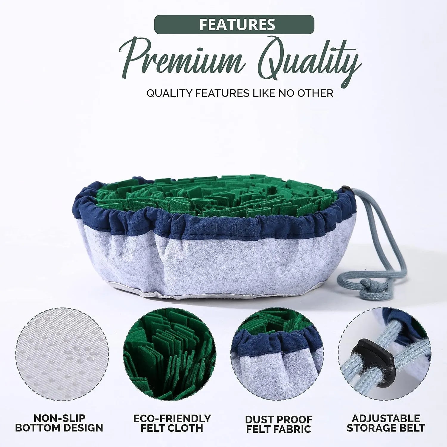 Blue and green adjustable fleece snuffle mats for dogs, shown with kibble scattered in the folds.