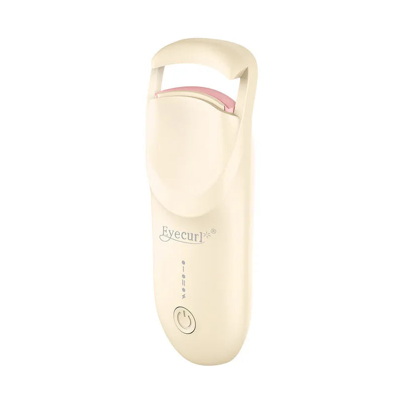 USB-C rechargeable electric eyelash curler in cream white, pink, or apricot with charging cable