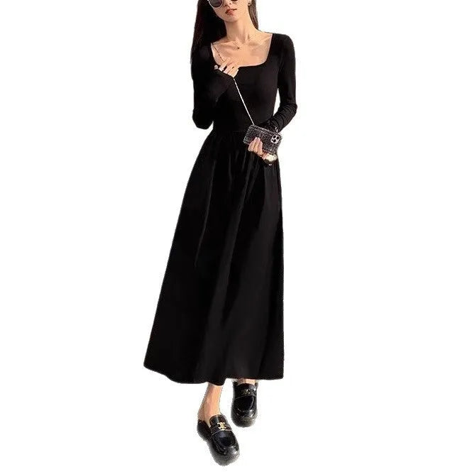 Women's black knitted A-line long sleeve dress with square collar and elasticated waist