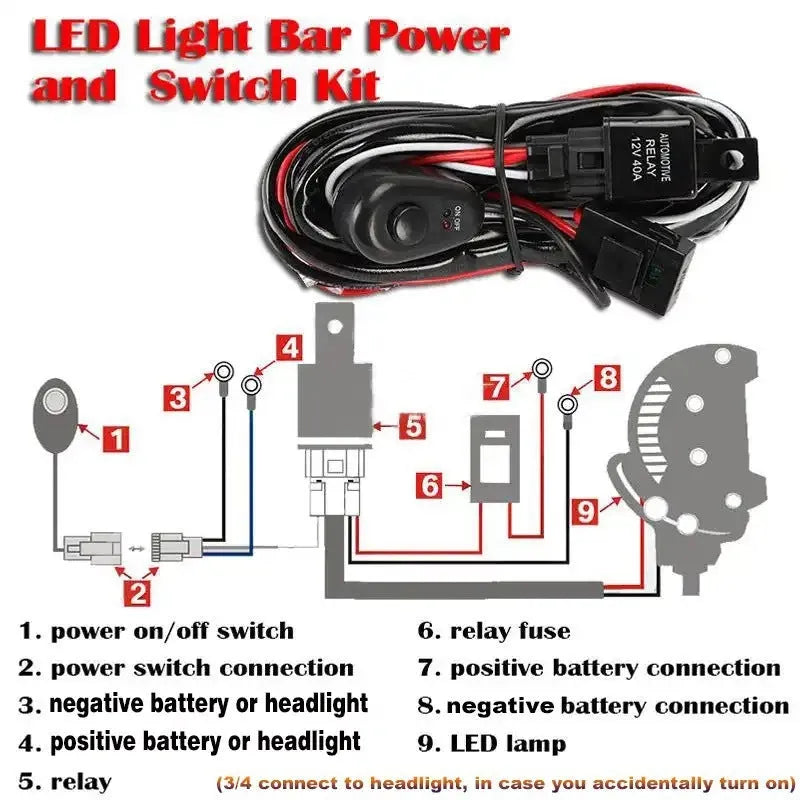 LED work light wiring harness with 2 metre silicone cable and one-to-two connection for automotive roof spotlights