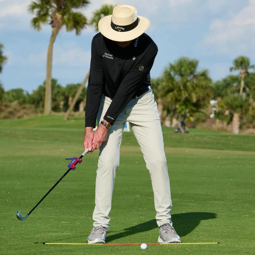 Golf swing plane simulator training aid showing swing path reference structure