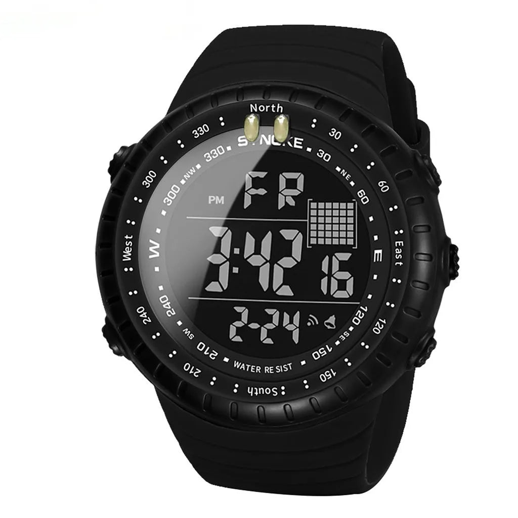 Black waterproof electronic sports watch for men with large plastic case and PU strap.