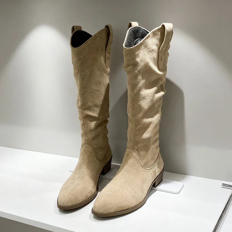 Chunky heel high-top riding boots for women in cloth khaki microfiber with block heel and round toe