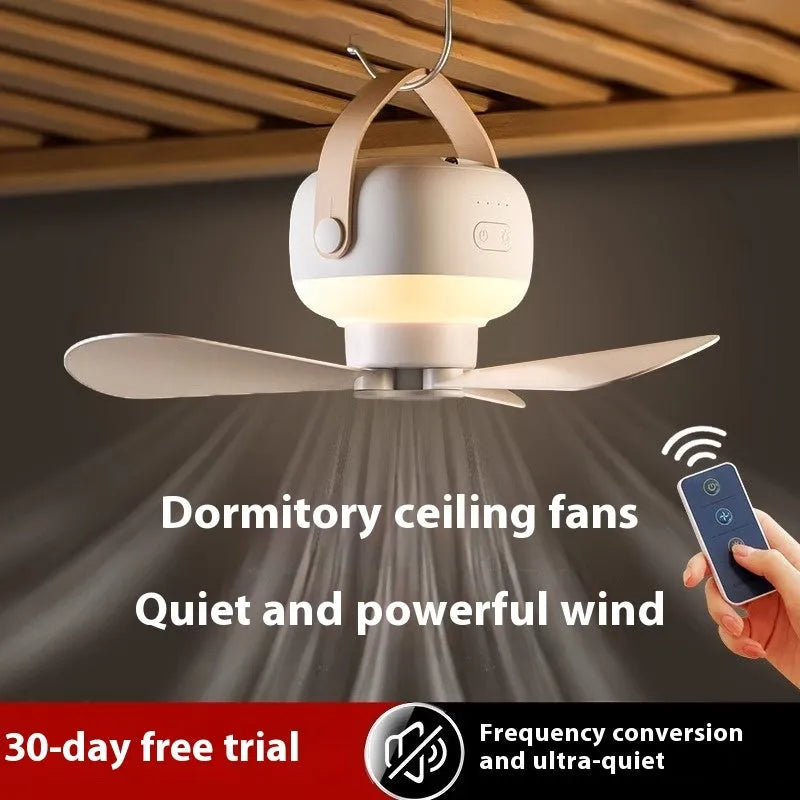 Small white rechargeable ceiling fan with blades and LED light, shown with remote control and charging cable.