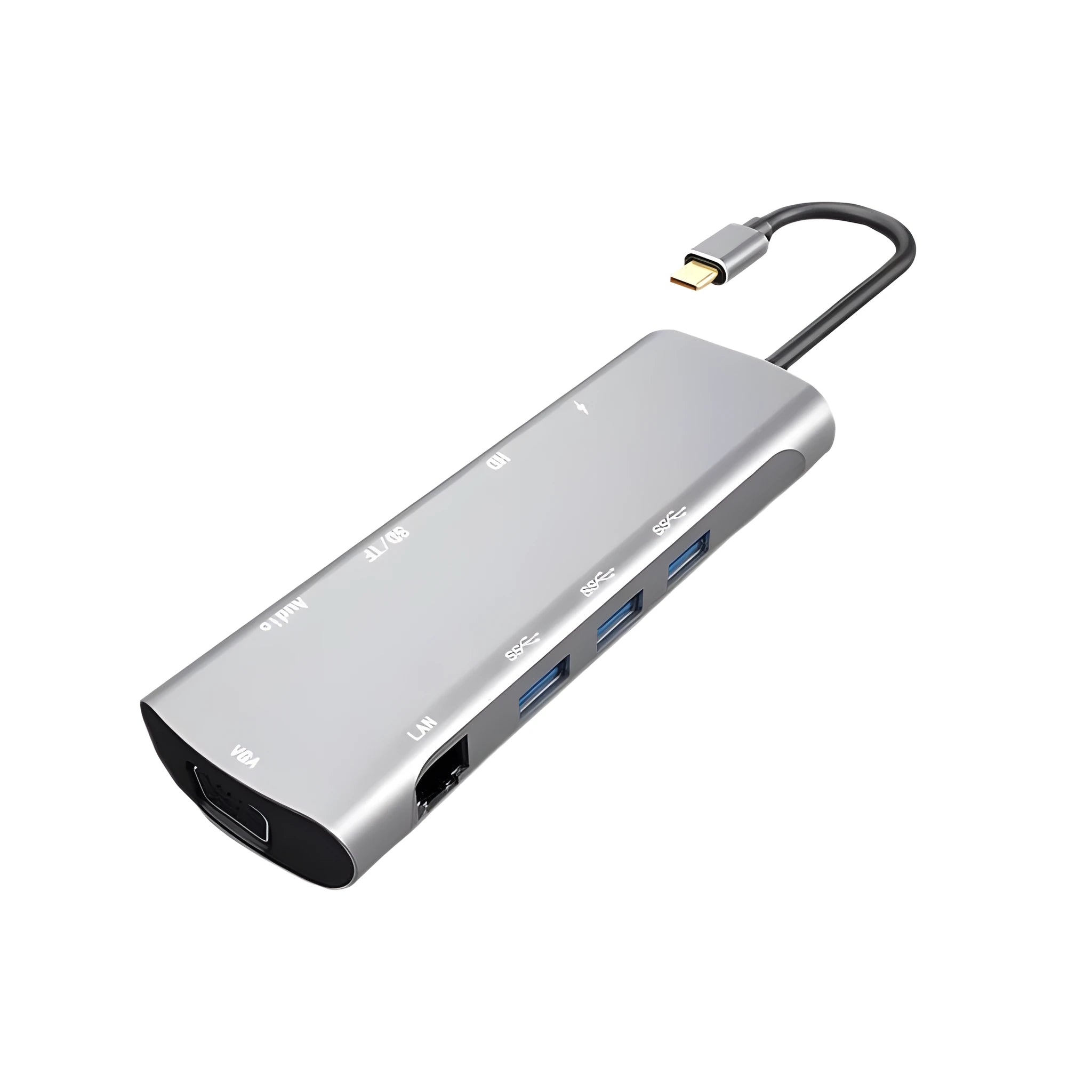 Grey aluminium USB-C docking station with HDMI, VGA, USB, and charging ports on a desk.