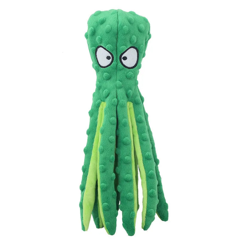 Blue octopus-shaped dog toy with tentacles, no stuffing, suitable for chewing and interactive play
