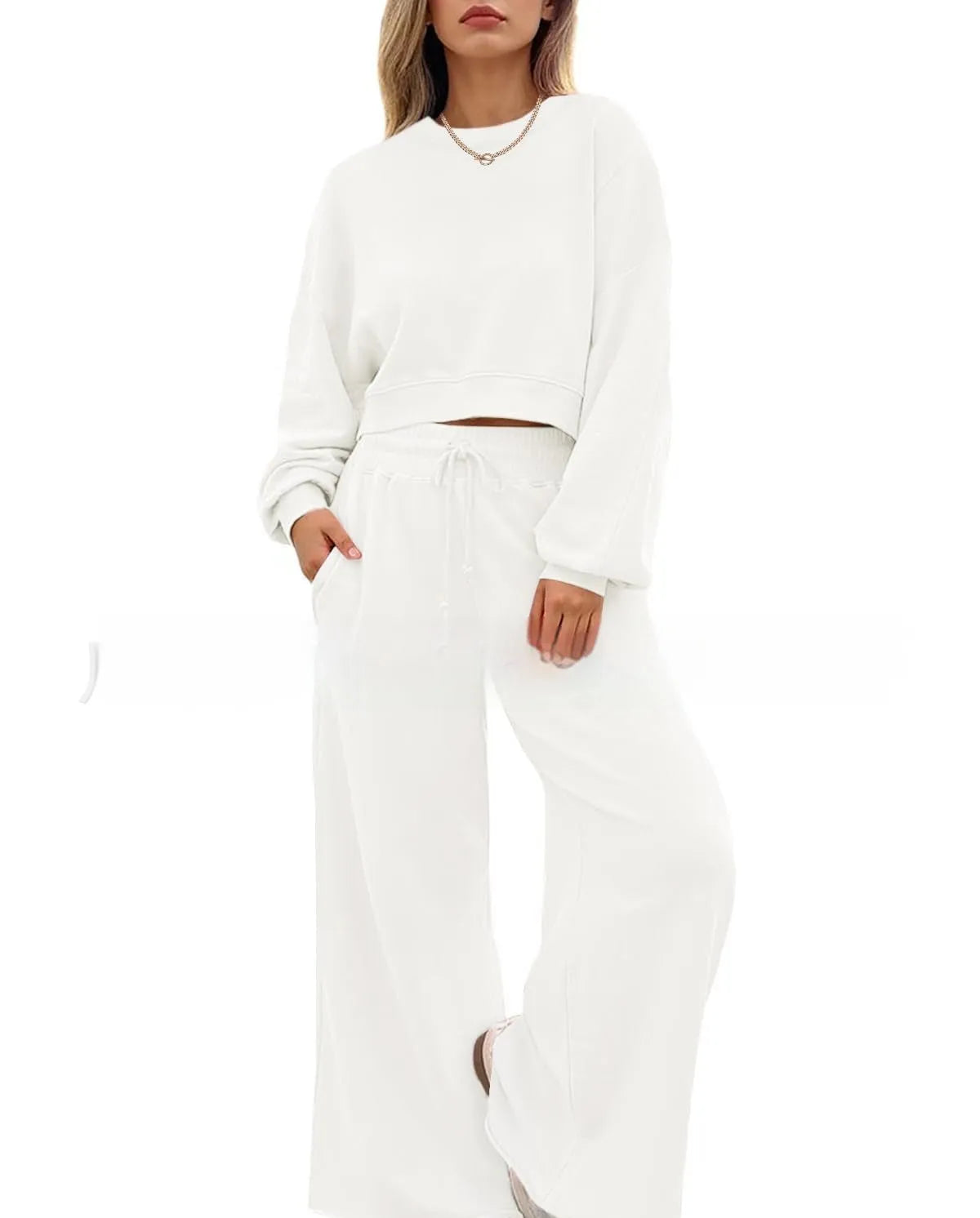 Women's solid colour polyester trousers set with long sleeves in street hipster style