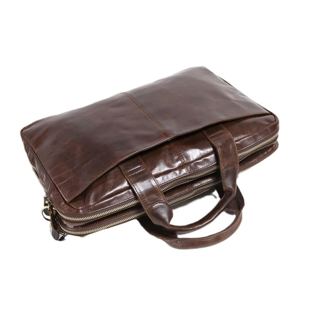 Brown leather men's business briefcase with 18-inch dimensions and polyester cotton lining