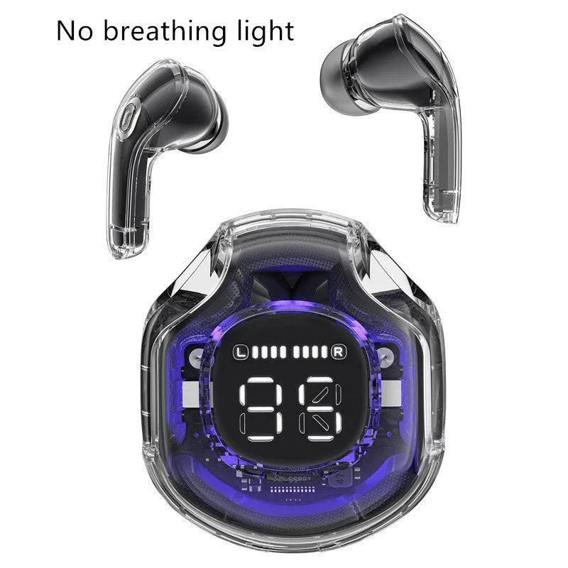 Transparent wireless Bluetooth headset with in-ear design in white, black, pink, sky blue or violet colours