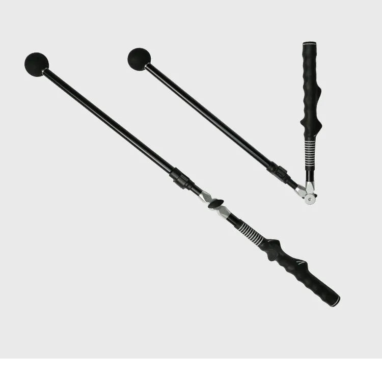 Golf folding swing trainer black with aluminium shaft and rubber grip, extended to 110cm