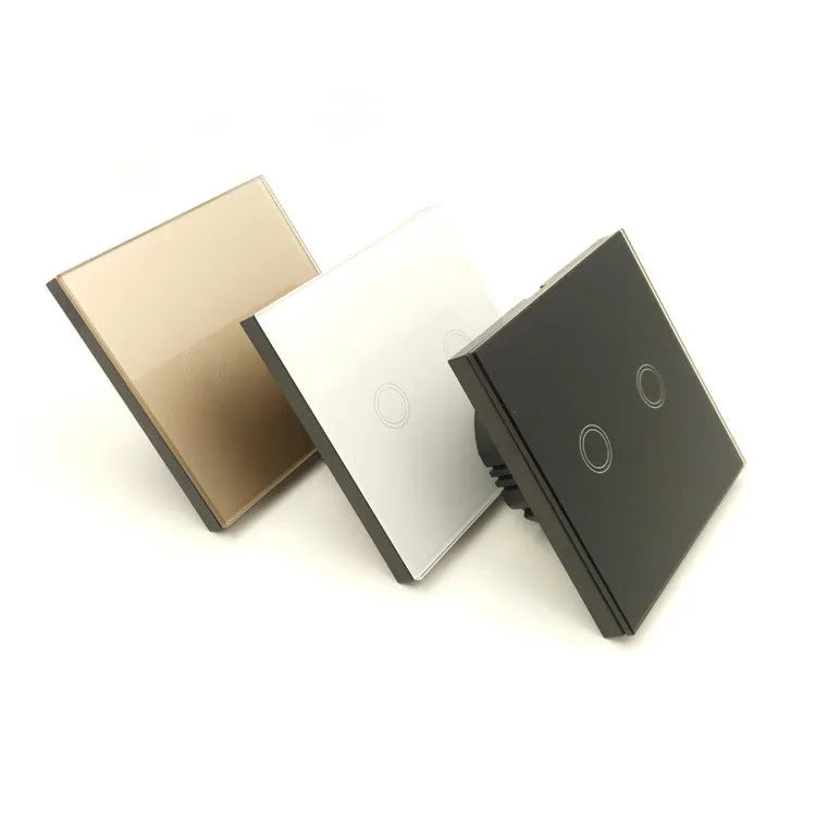 Type 86 touch-sensitive light switch with tempered glass panel in black, golden, or white.