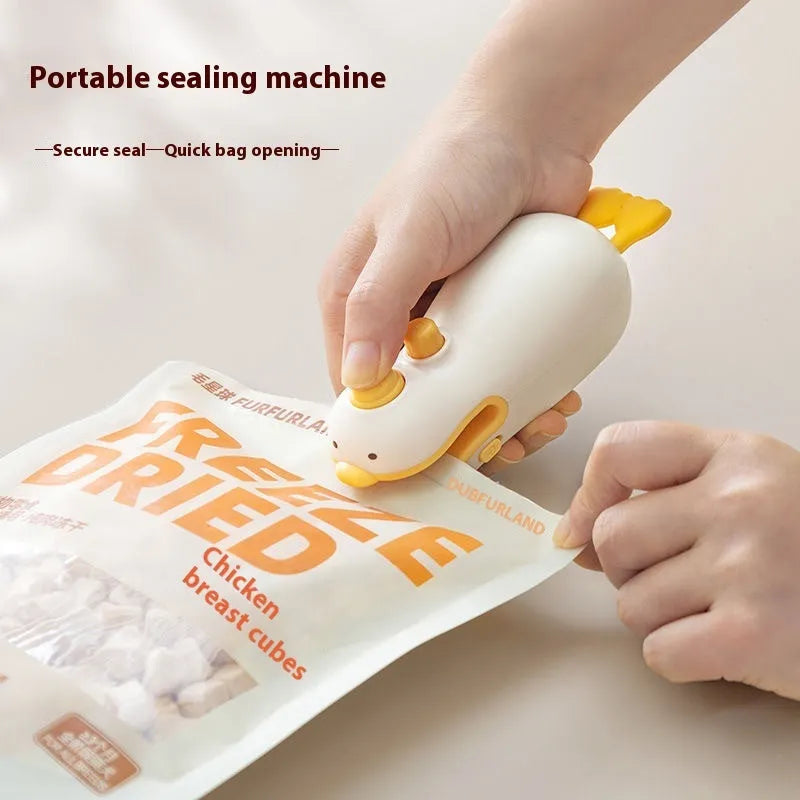 Yellow rechargeable handheld sealing machine with small duck design on animal jacquard casing.