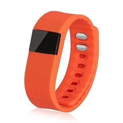 Ordinary bracelet pedometer in black, blue, green, orange, or yellow, showing display on 20mm wide wristband.