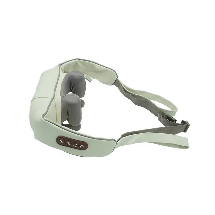 Blue foldable electric neck and back massager with rechargeable battery on a table.