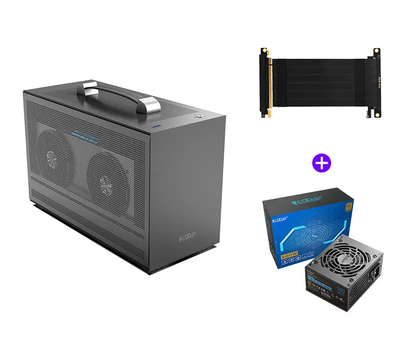 Three Hummingbird PRO portable ITX desktop chassis in titanium gray or white with tinned steel construction