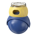 Yellow and blue owl-shaped cat food puzzle tumbler feeder with adjustable leakage mechanism