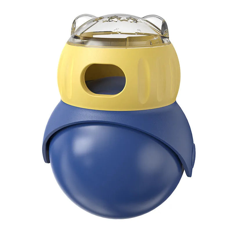 Yellow and blue owl-shaped cat food puzzle tumbler feeder with adjustable leakage mechanism