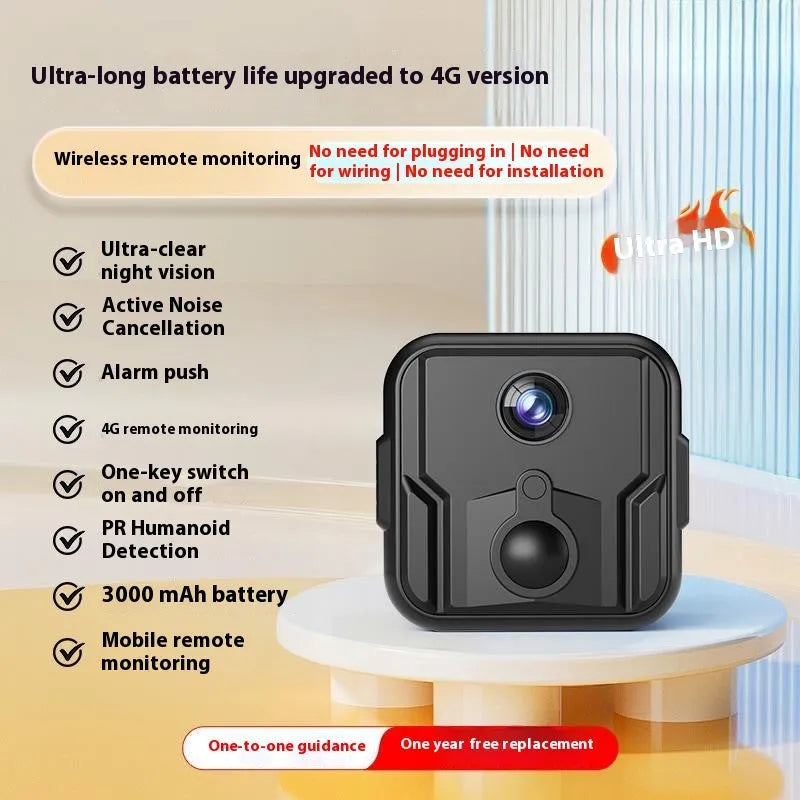 Wireless black security camera with 360-degree rotation on stand showing night vision capability
